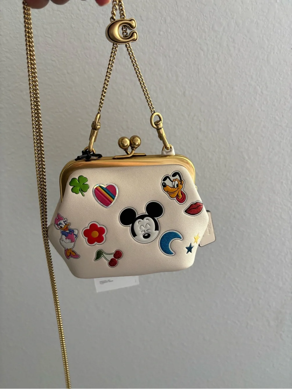 Coach Cream Mickey Kisslock Crossbody with Gold Chain